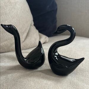 Elegant Black Glass Swan Figurines